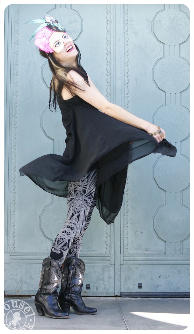 Filigree Art Nouveau Leggings by Carousel Ink - Black Tights - Printed Womens Legging - MEDIUM
