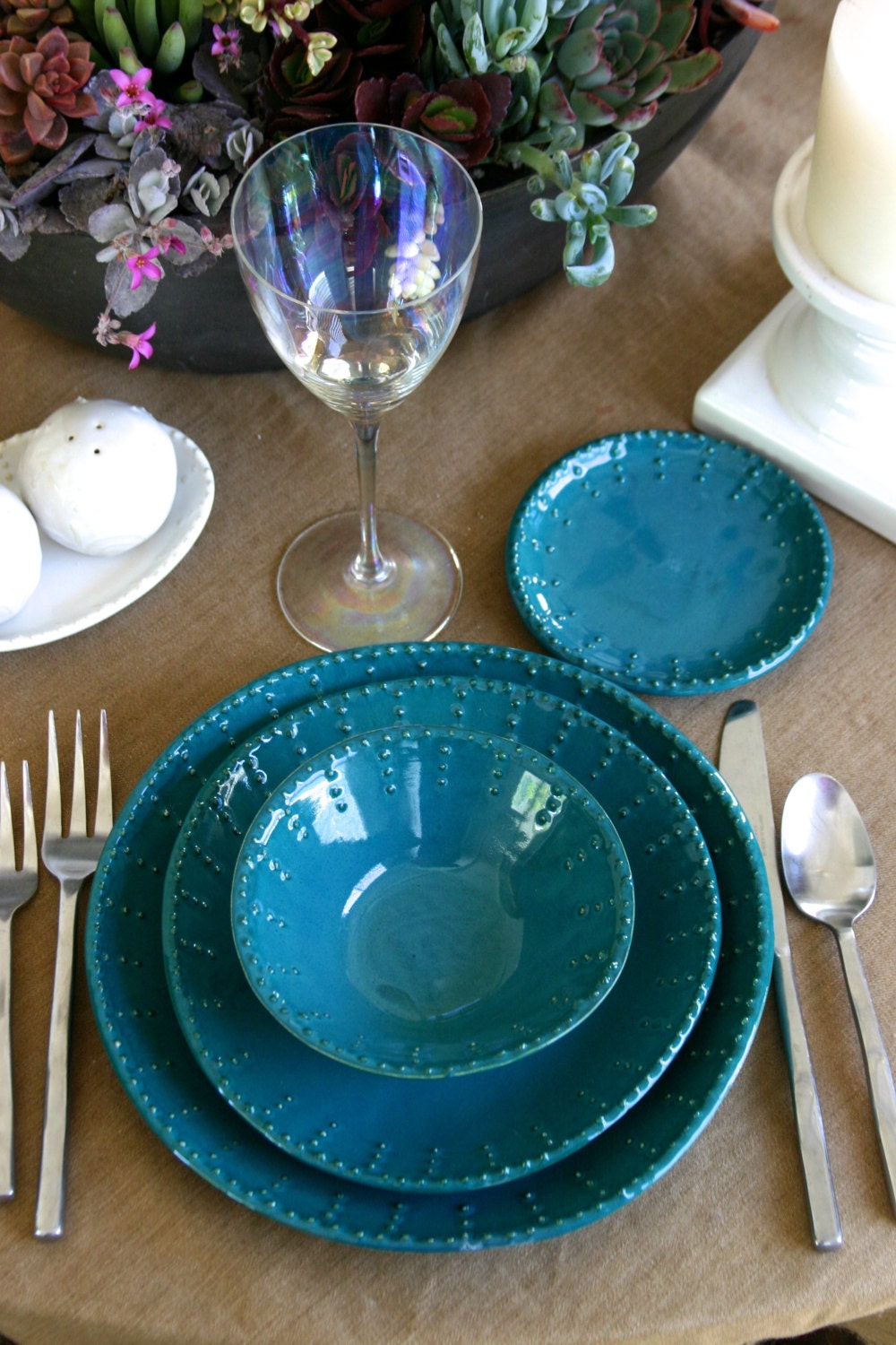 Dark Teal Dinnerware Set - Dinner Salad Dessert Bread Plate and Bowl - 3 Piece Set - Aqua Mist Creamy White - French Country