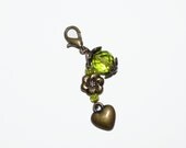 Zipper Pull Charm Brass Heart Flower Green Crystal Bead