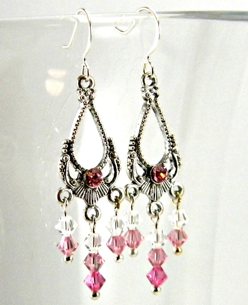Pink Ombre Chandelier Earrings  Rose & Crystal Clear Swarovski Crystal Beads Pewter Beaded Statement Jewelry  Nickel Free Wedding Formal