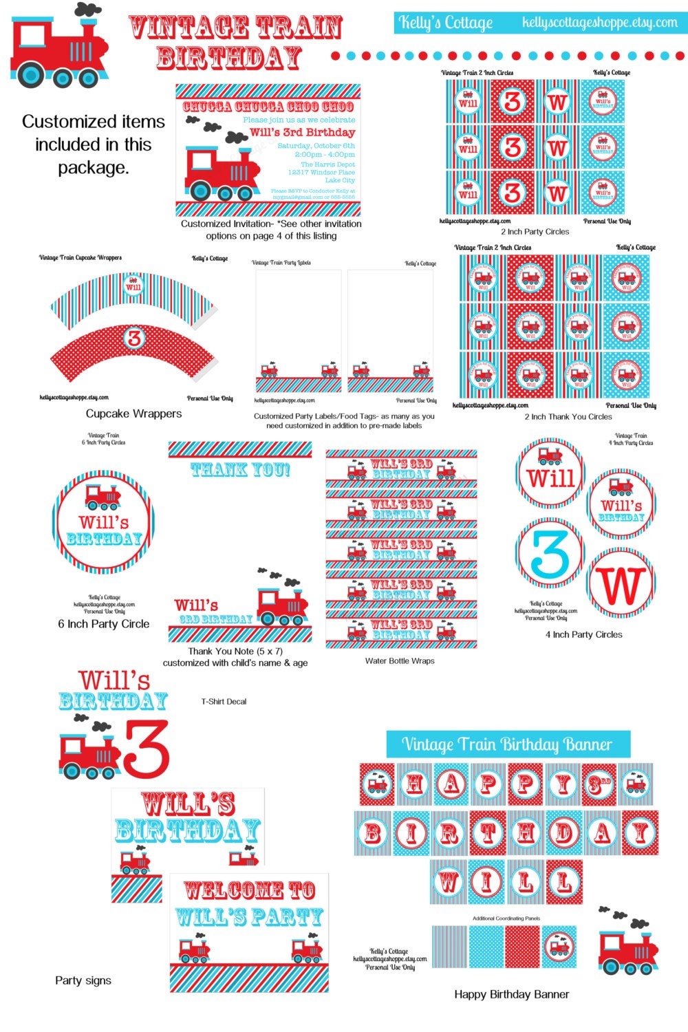 Vintage Train Birthday Party Package...Custom, Printable DIY Package