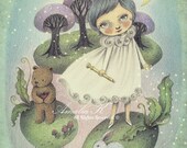 Print of Original Pencil Drawing Digital Painting, Whimsical girl Illustration, Nursery Decor, Children's Room Wall Art - Calling for Spring