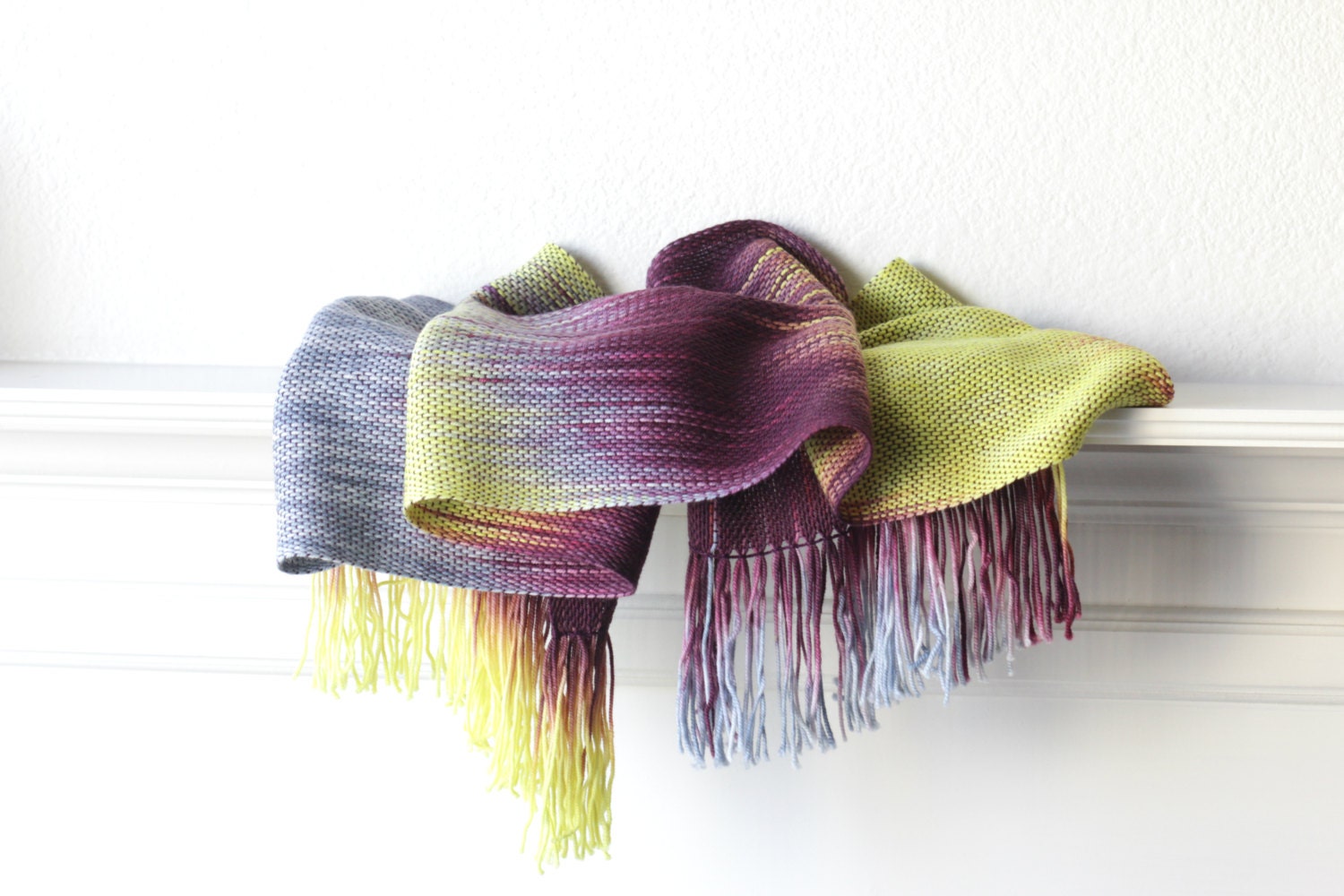 Hand woven scarf plum neon yellow gray grey long with fringe