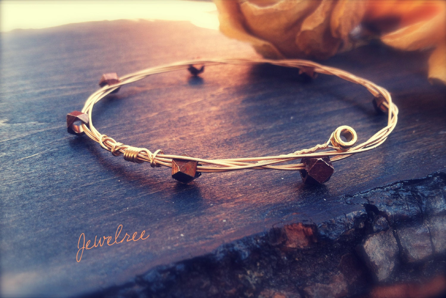 BARNACLE Geometric Copper Beaded GUITAR STRING Bangle Bracelet- Healing, Stackable Bangle
