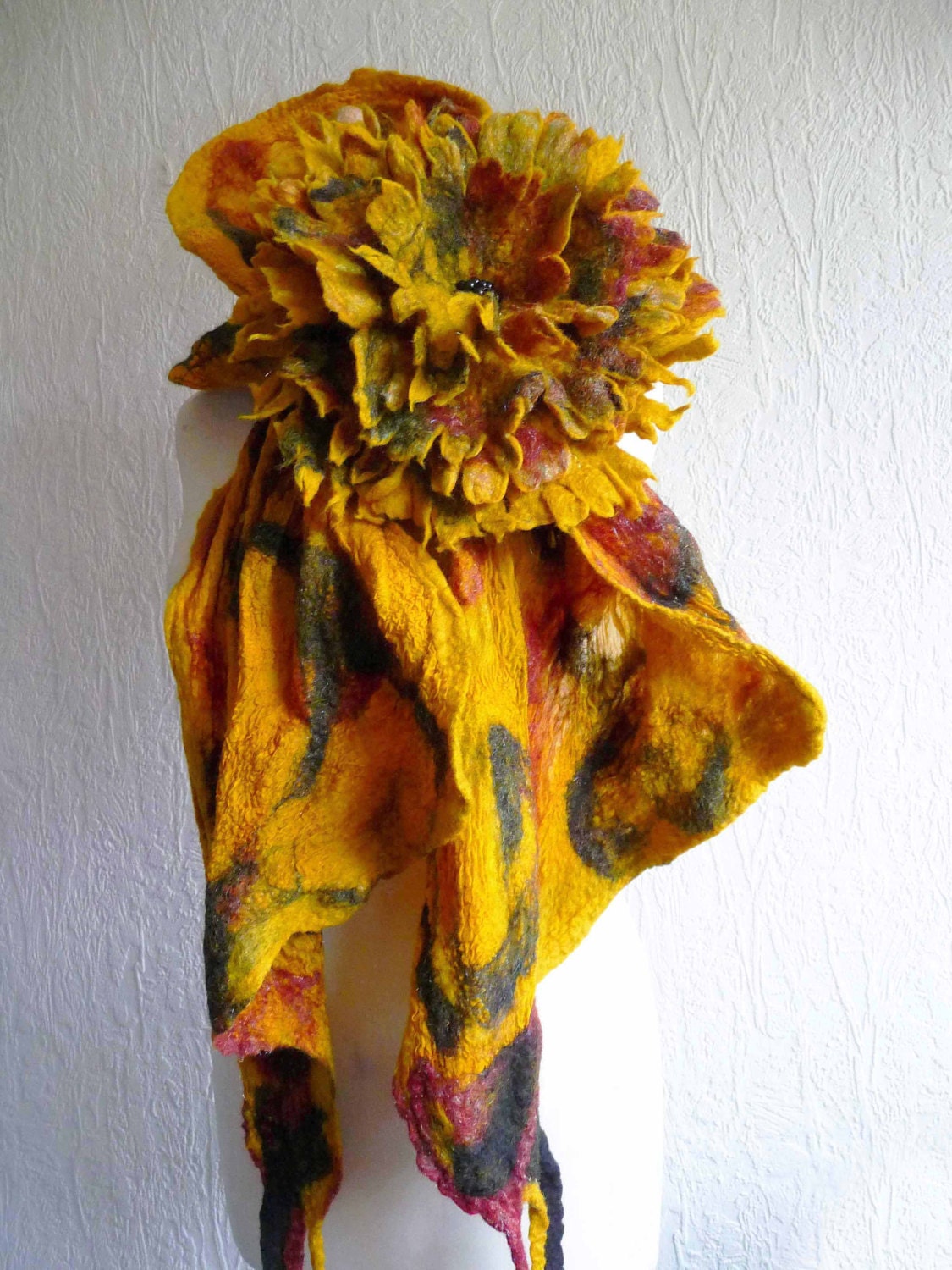 nuno felted scarf,plus brooch, silk, felted wool, art to wear scarf, handmade, gold coloured, European Lagenlook Style MADE TO ORDER