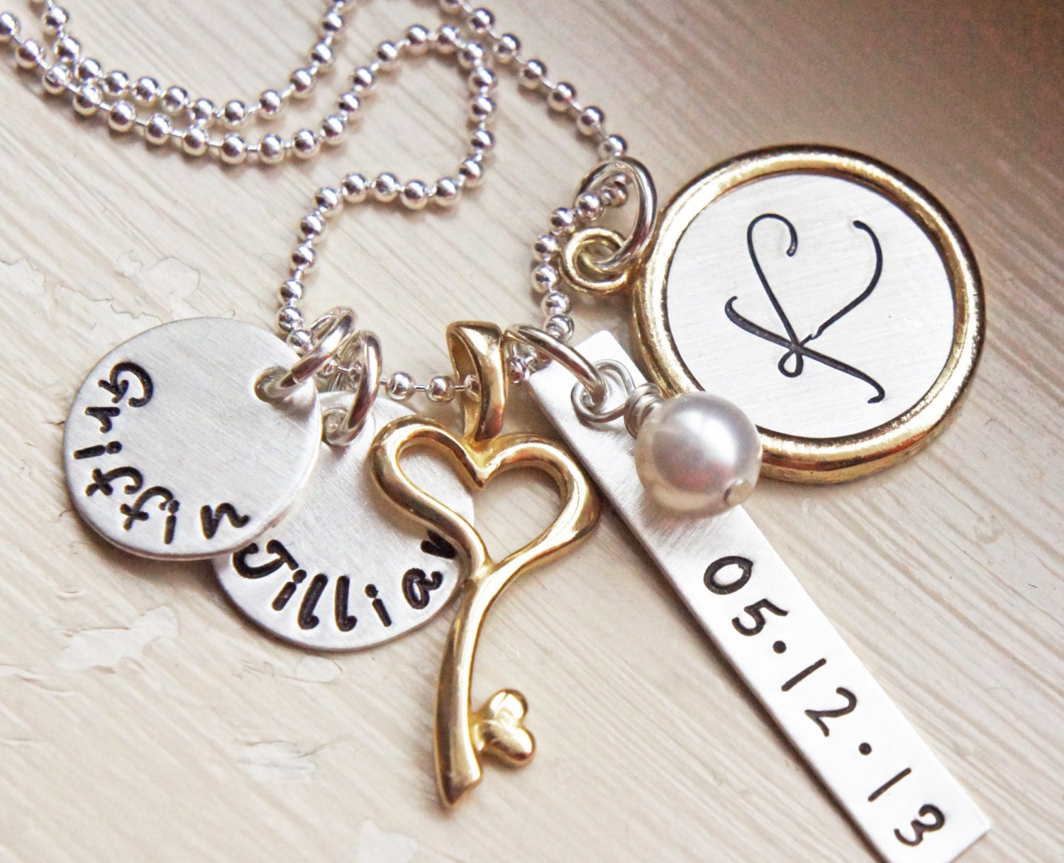 Mothers Personalized Name Initial Date Mommys Necklace Silver Gold Brass Hand Stamped Heart Key Charm JewelryMothers Day