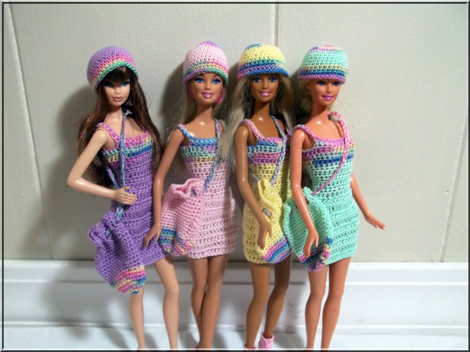 Barbie Crochet Clothes Spring Colored Spaghetti Strap Dress with Matching Hat and Tote Bag