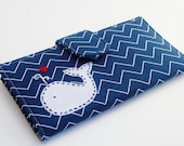 Whale Wallet , Handmade Nautical Clutch, Cotton Fabric in Navy Chevron With White Whale Applique, Made to Order