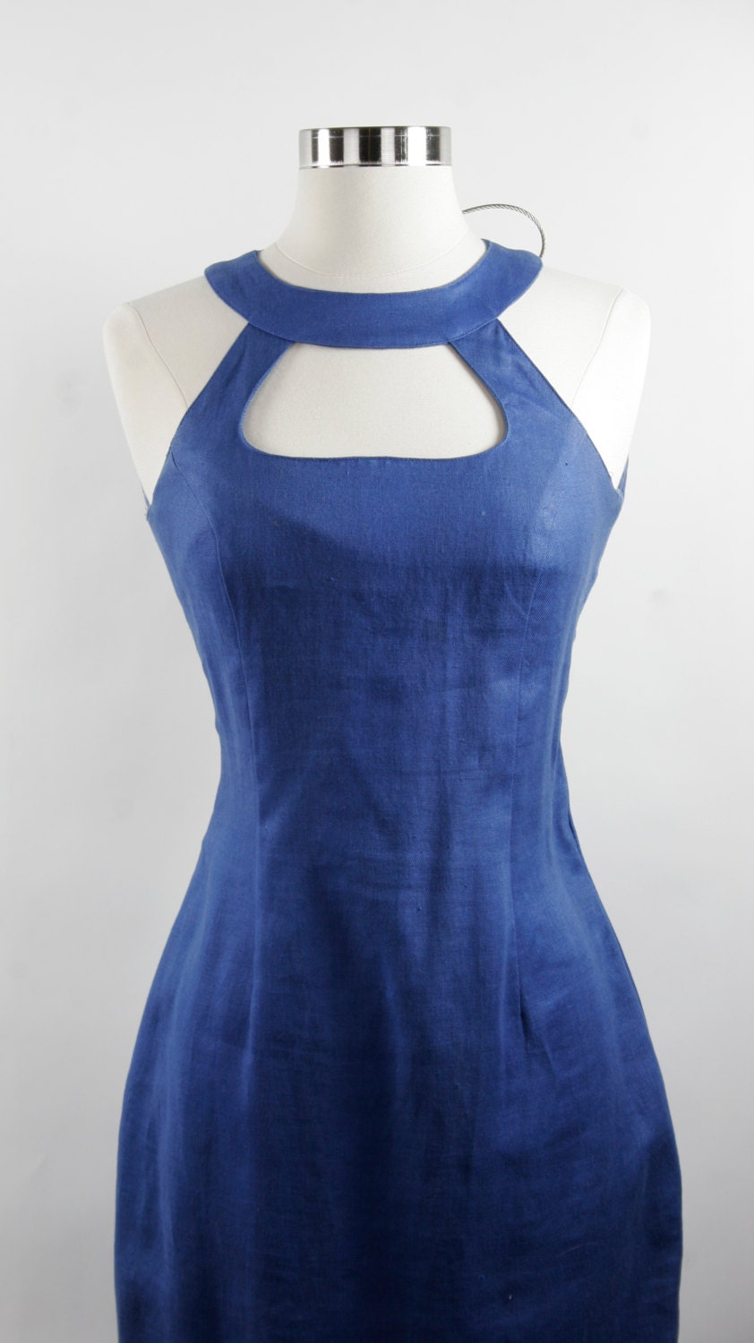 Stunning Vintage Blue Linen Sheath Dress by Andrea Jovine in Geometric Cut-Out Design circa 1990 Size 4