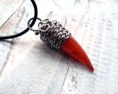 Carmine Talon Agate Necklace - Vampire Fang - Silver Wire Wrapped Necklace - Dangle Tribal - Braided Celtic Woodland - Red Orange Jewelry