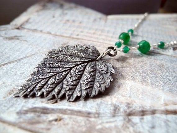 Silver Leaf Necklace - Botanical Natural Leaf handmade of Silver - Emerald Green Onyx Necklace - Woodland Forest Green - Elvish Fairy Pagan