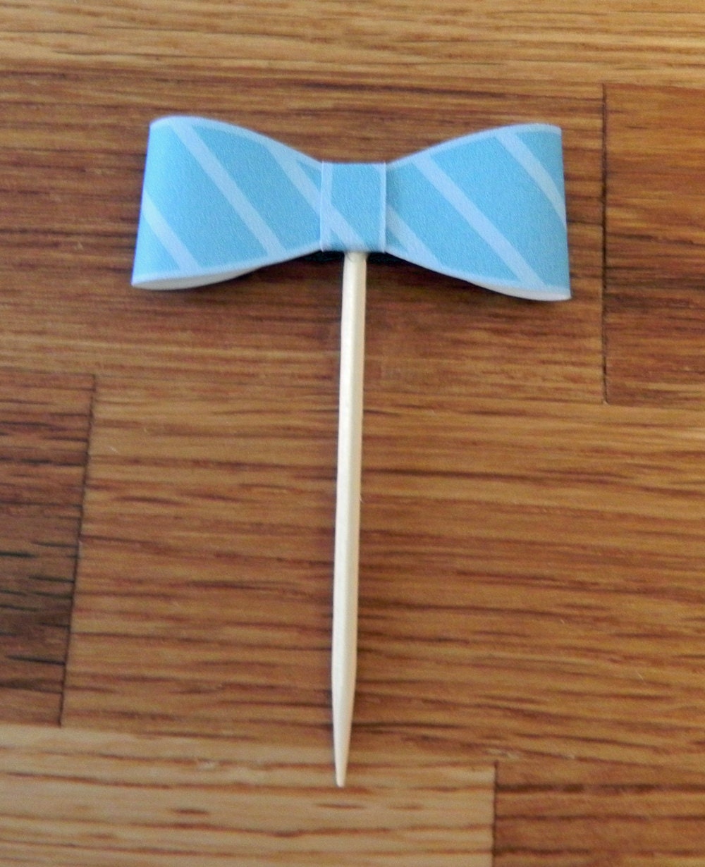 Party Pick: Little Man Bow Ties Baby Shower or Birthday Party die cut bow ties blue stripe pick mini cupcake topper