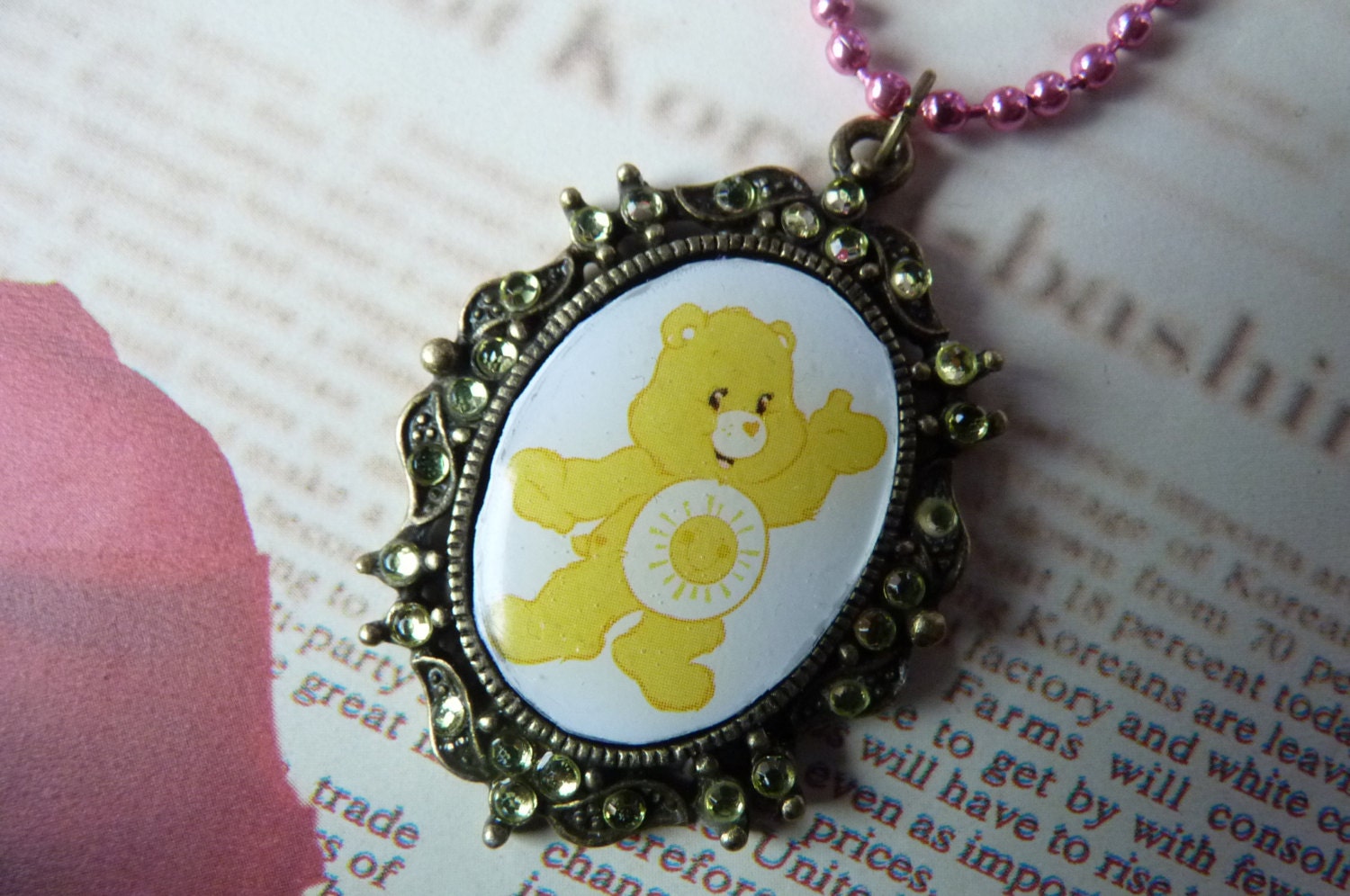 Funshine Care Bear Yellow Sun Necklace Kawaii TV - Pink Metallic Ball Chain Long - MichiMichiRainbow