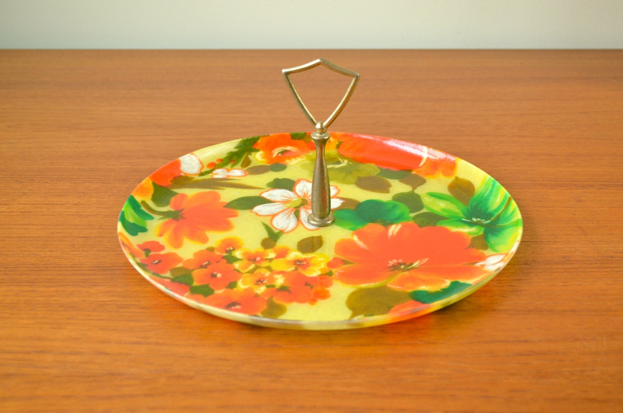 1960s Bright Orange Floral Dessert Stand Server, Great for Cupcakes & Parties, Plastic Fiberglass for Outdoors, Platter, Bridal Showers