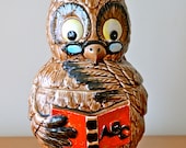 Vintage 1950s Smart Brown Owl Ceramic Cookie Jar,  Made in Japan, Figurine, Collectible, Kitchen Decor, Housewarming Gift, Glasses, ABC Book