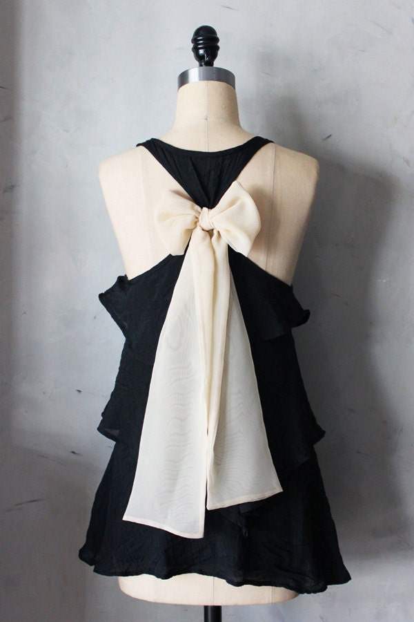 BLUSH AURA - Romantic black flowy tier blouse // nude blush creme // chiffon sash bow // tunic // tank top // racerback