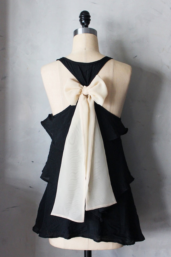BLUSH AURA - Romantic black flowy tier blouse // nude blush creme // chiffon sash bow // tunic // tank top // racerback