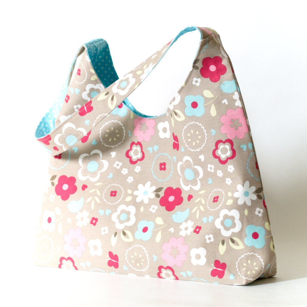 Women's Shoulder Bag in Cute Floral Bird and Flower Print Cotton