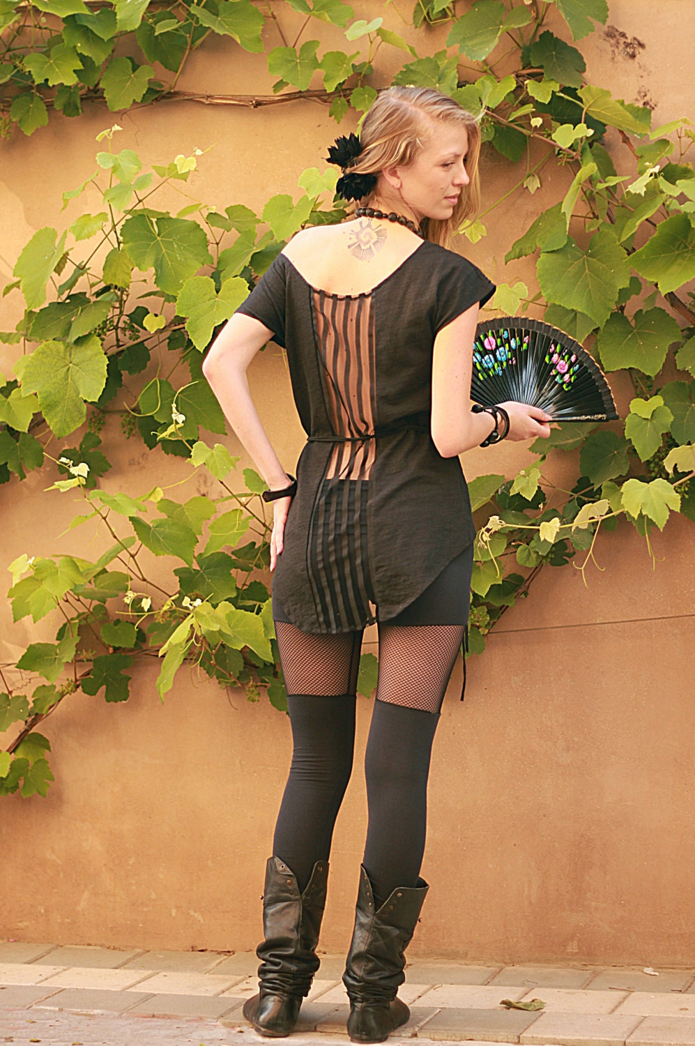 Bohemian women blouse, open back black top, Eco-friendly cotton shirt with lace back