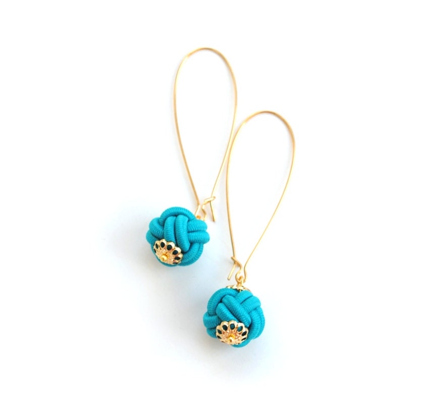 Turquoise and gold knot earrings, long earrings, chinese knots, summer, knotted jewelry, gift for her