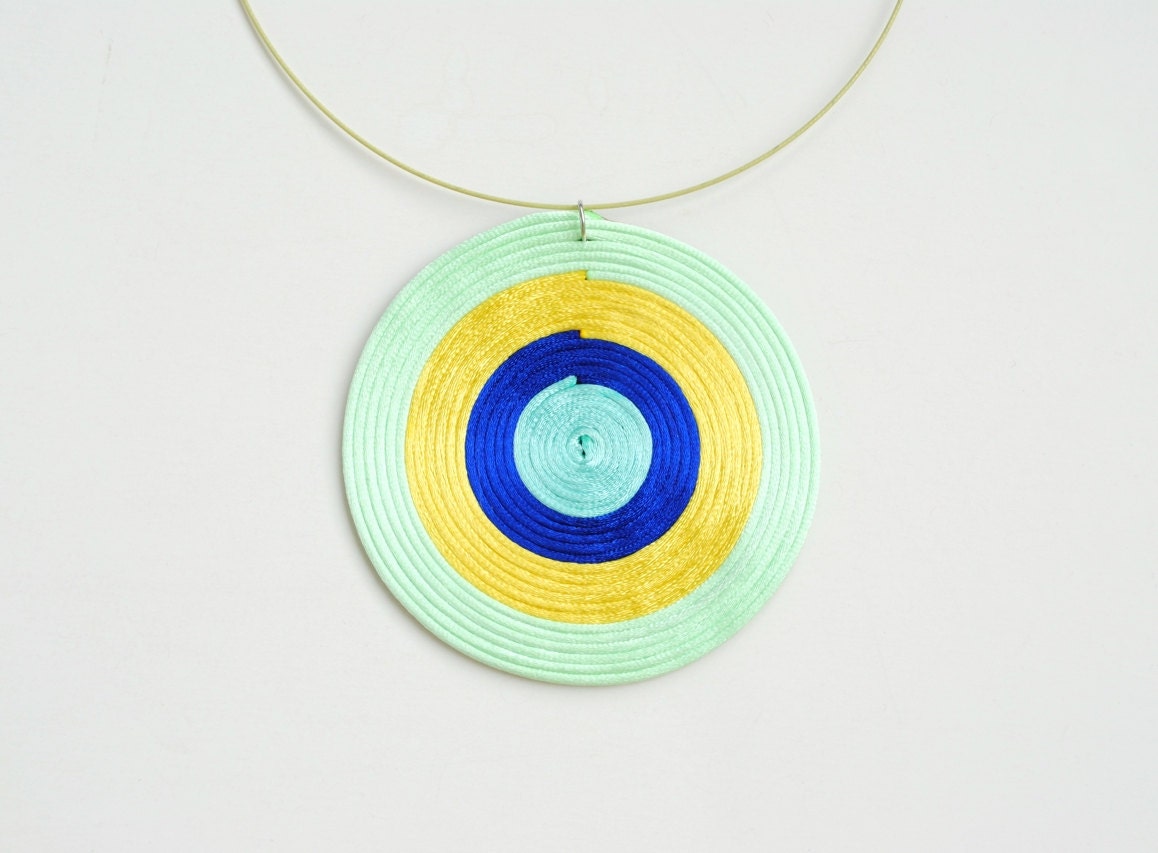 OOAK Multicolor mint yellow blue spiral necklace, satin cords, geometric, summer trends, gift for her