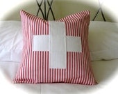 16" x 16" Decorative Red and White Ticking Pillow Cover With Cross Logo