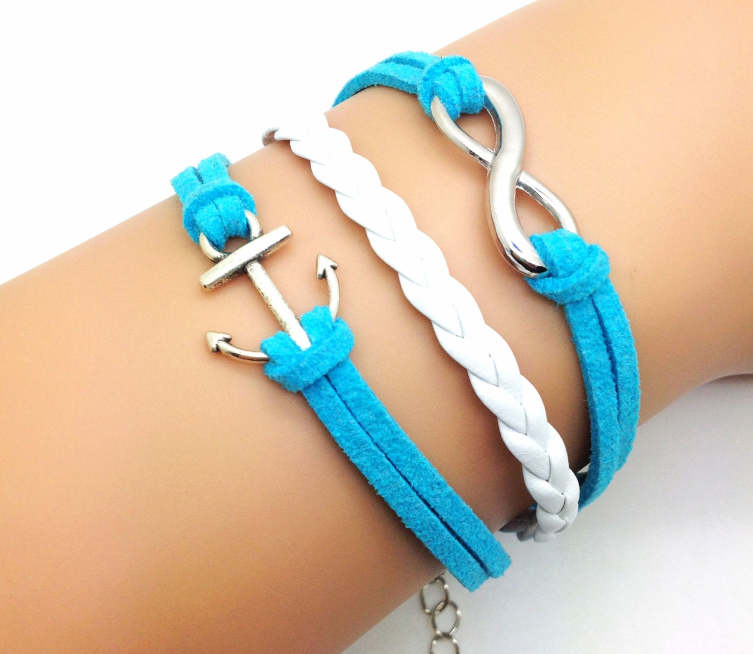 Vintage Style Cute Anchor  & Infinity Bracelet Blue  Rope  and White leather Fashion Personalized Adjustable Bracelet 2119S