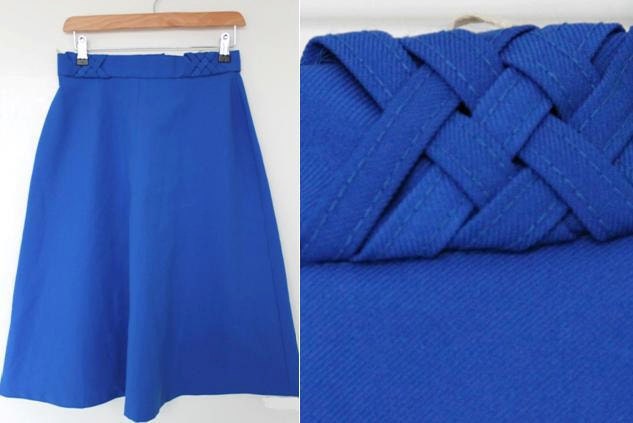 Vintage Late 1970s Royal Blue Circle Skirt with Plait Detail Waistband