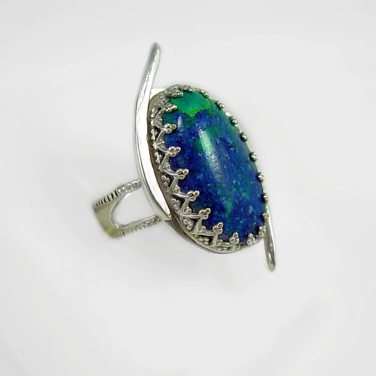 STUNNING-Azurite-Malachite Sterling Silver Artisan Ring,Hand cut stone & Metal smith