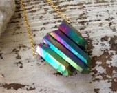 RAE / Raw Rainbow Titanium Aura Druzy Quartz Crystal Point Spear Spike Gemstone Chevron Necklace, Native, Tribal, Boho, Spring, Gift