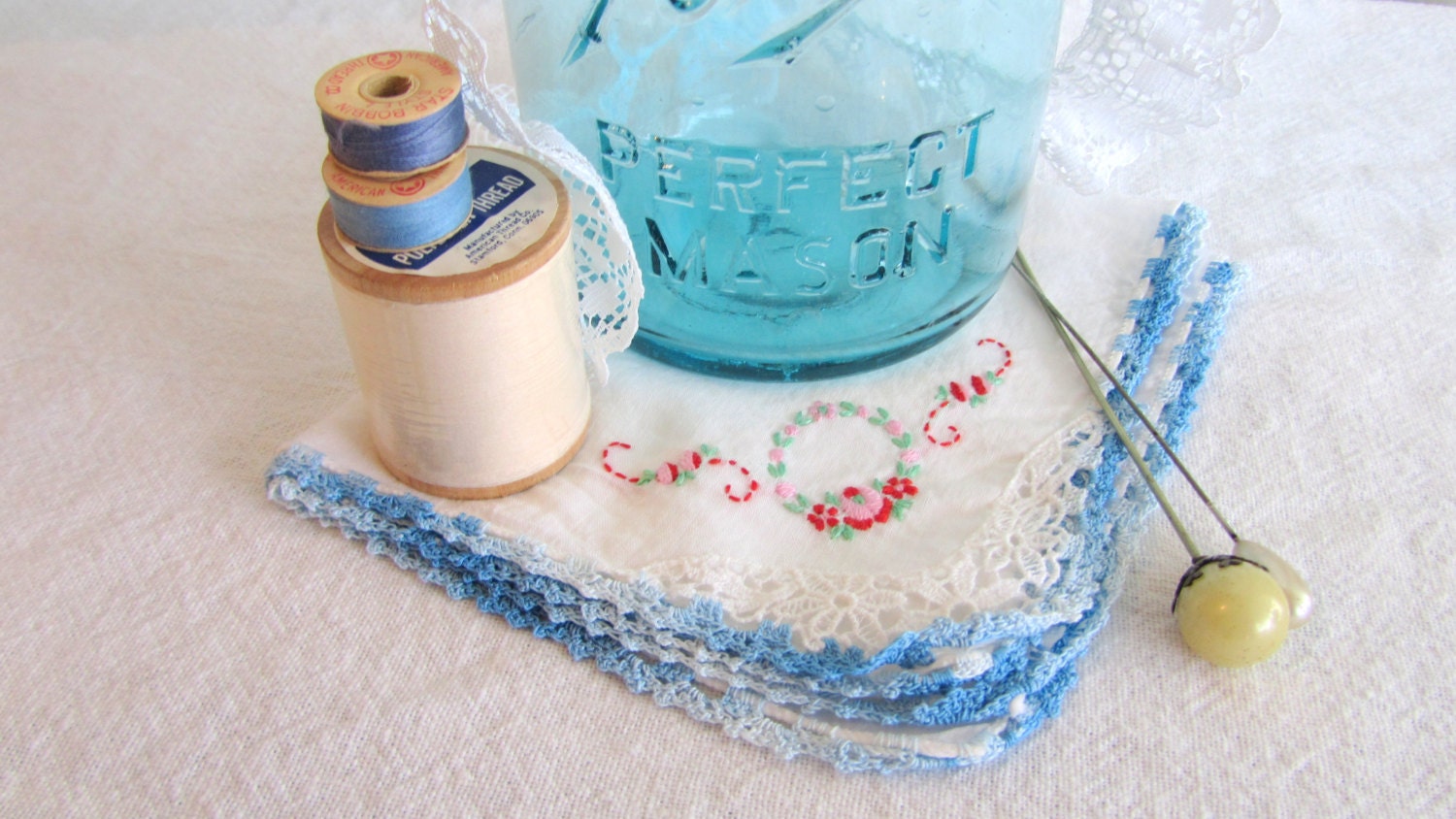 Vintage Aqua Blue Ball Mason Quart jar with hat pins, hankie, thread, bobbins, buttons, lace collection, new bride gift