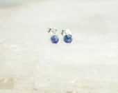 Tiny Sodalite Stud Earrings - Sterling Silver Wire Wrapped Blue Gemstone Rounds - Communication, Self Expression, Healing