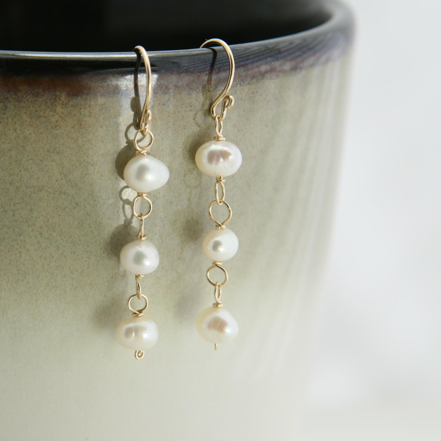 Freshwater Pearl Dangle Earrings - 12k Gold Filled Wire Wrap White Pearl Trio - Peace, Faith, Bridal Jewelry, June Birthstone, Mothers Day