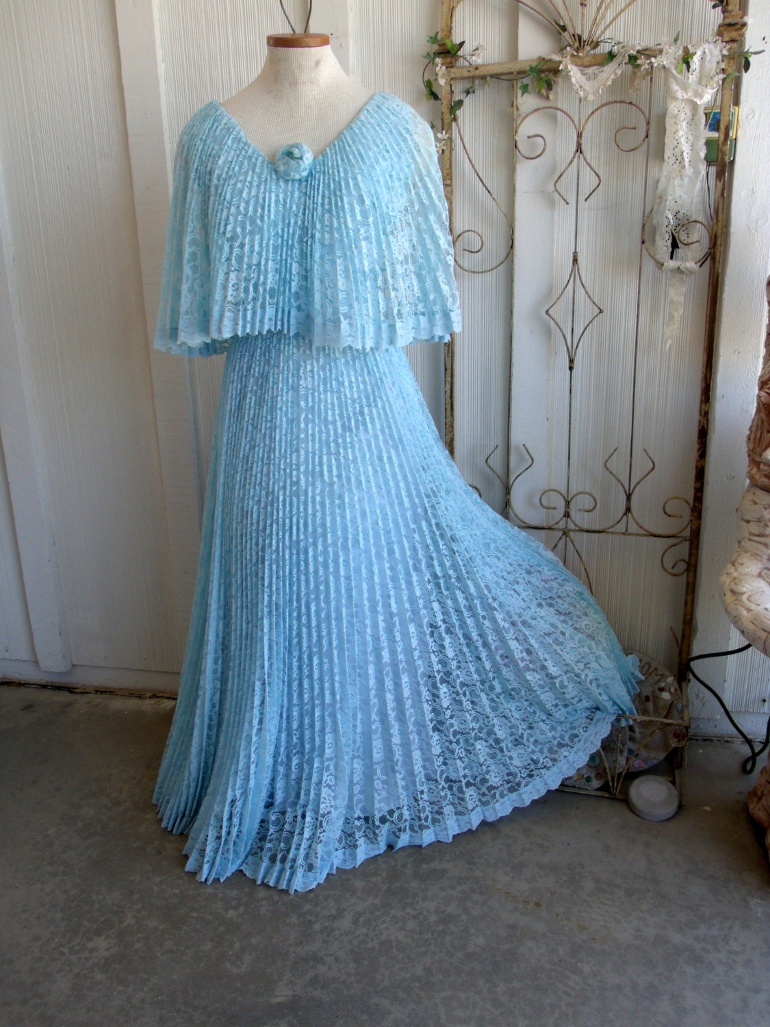 Vintage 1970s Gown Dress Maxi Blue Lace Accordian Pleats Formal Bridal Layered Larger Plus Size Bust 42