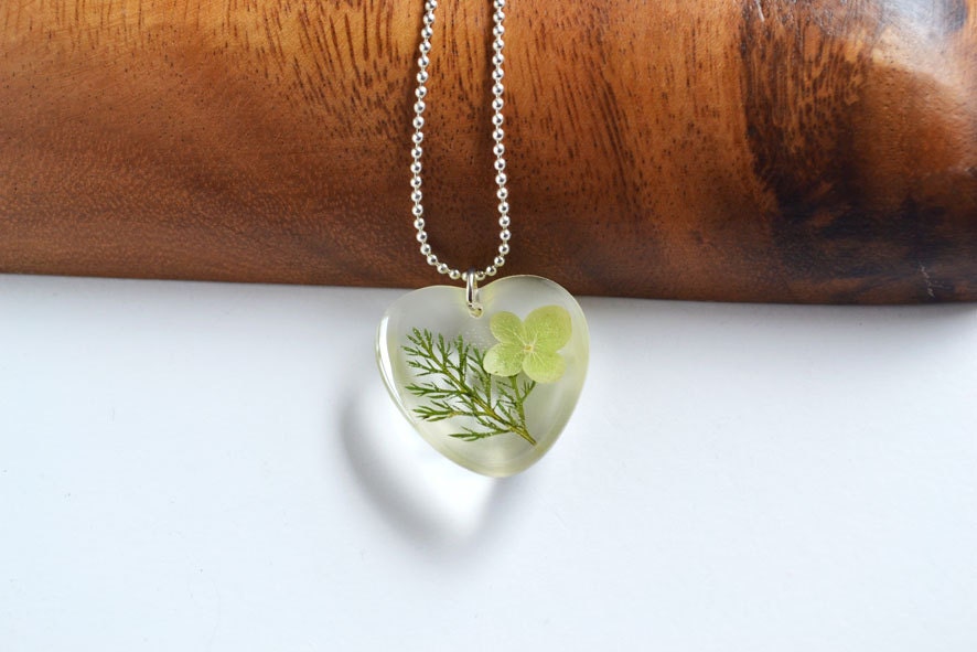 Real Flowers in Resin, Pressed Flower Botanical Jewelry, Hydrangea and Green Foliage, Unique Heart Jewelry, Woodland