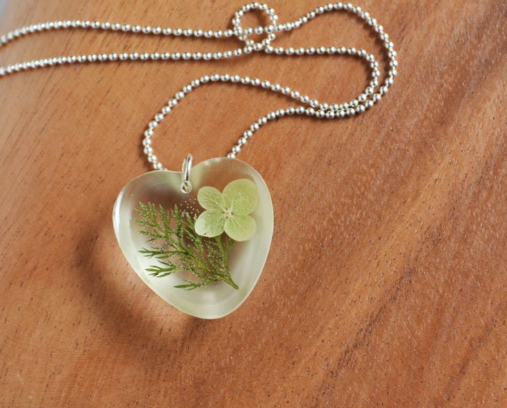 Real Flowers in Resin, Pressed Flower Botanical Jewelry, Hydrangea and Green Foliage, Unique Heart Jewelry, Woodland