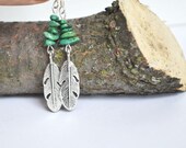 Turquoise Earrings with Detailed Feather Charm, Hanging Long Earrings, Feather Charm Detailed Earrings