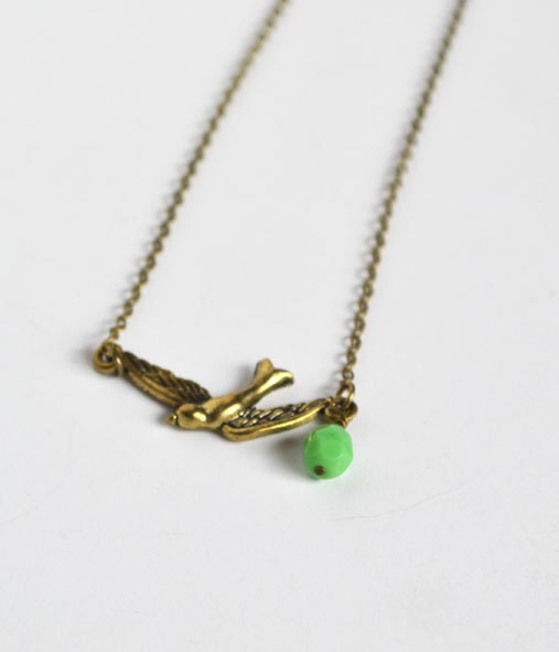 Flying Bird Necklace, Gold Colored Bird Jewelry, Green Czech Glass Bead and Sparrow, Canadian Jewelry