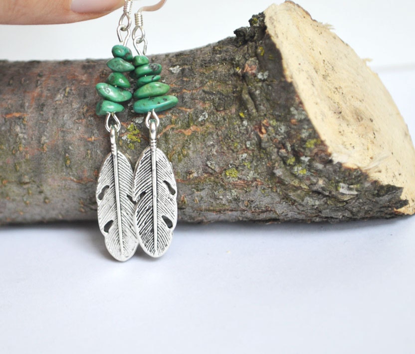 Turquoise Earrings with Detailed Feather Charm, Hanging Long Earrings, Feather Charm Detailed Earrings