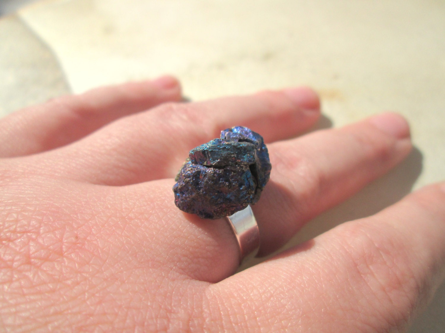 Peacock Ore Chalcopyrite Adjustable Finger Ring - Bornite / Silver Plated - 001