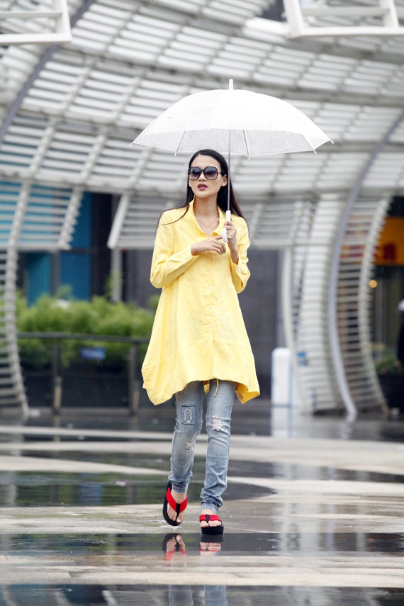 Spring Dress Long Sleeve Dress Shirt Loose Fitting Blouse Long Shirt Dress in Yellow  - NC325
