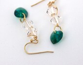Emerald green earrings, Swarovski crystal heart earrings, gold plate earrings