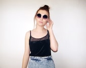 RALPH LAUREN Crop Tank Top - 90s Vintage Black Velvet Minimalist Cropped Tee 1990s Black Mesh Polka Dot Grunge Goth Vamp Lingerie