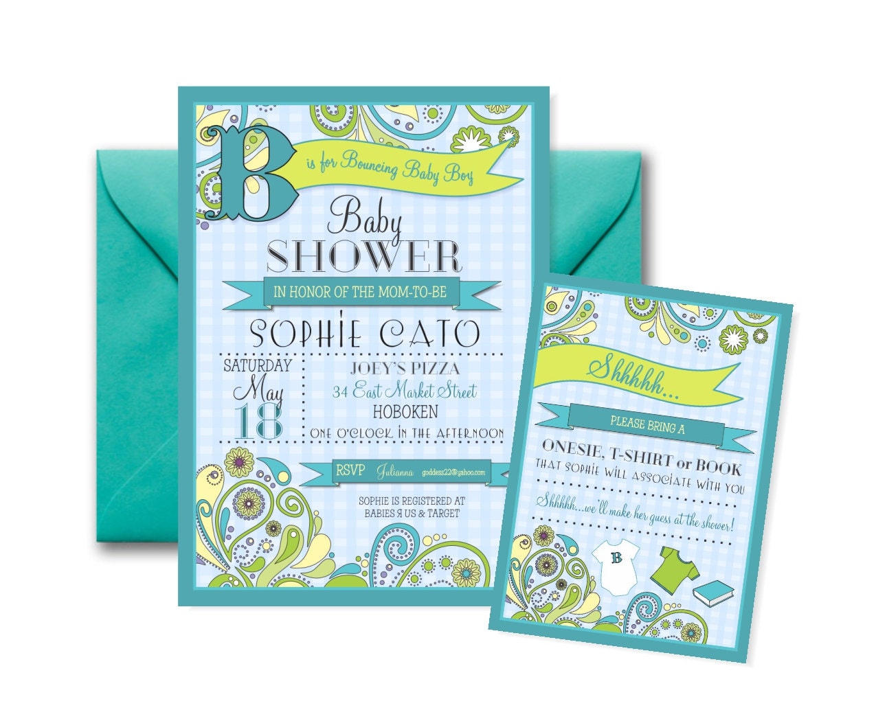 B for Bouncing Baby Shower Invitation 5x7 Announcement, Linen