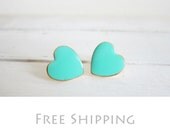 Mint Green Earrings Sea Foam Blue Green Heart Earrings Tiffany Blue Turquoise Gold Plated Post Studs Wedding Bridal Jewelry FREE SHIPPING