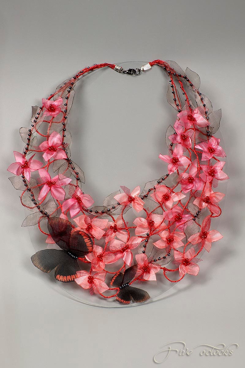 Butterfly dreamy statement necklace. Spring wedding  bijoux. Floral art fairy jewelry with pink coral flowers and black butterflies.