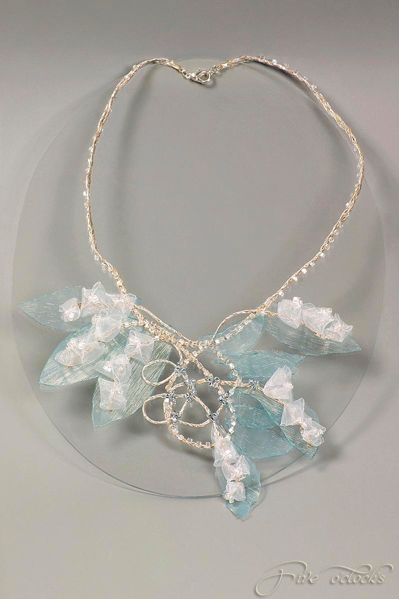 Wedding floral necklace. Botanical jewelry with white lily flowers. Shabby blossom necklace. Pastel blue bridal bijoux. Fiber art necklace.
