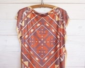 Burn Orange Tunic top ethnic style, t-shirt, tribal printed design, reversible side, short batwing sleeves
