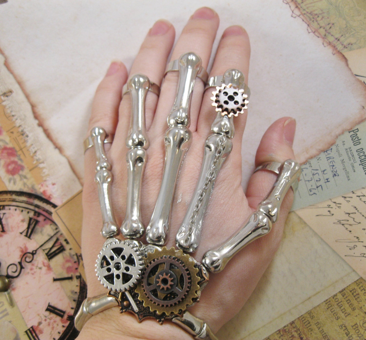 Steampunk "Clockwork Skeleton" Skeleton Hand Bracelet and Finger Rings - Explorer / Scientist / Assassin - SteamFolks