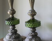 Vintage Table Lamps Lighting Green Glass Brass Pair Boho Ornate Metal Hollywood Regency Boudoir Bedside Decorative